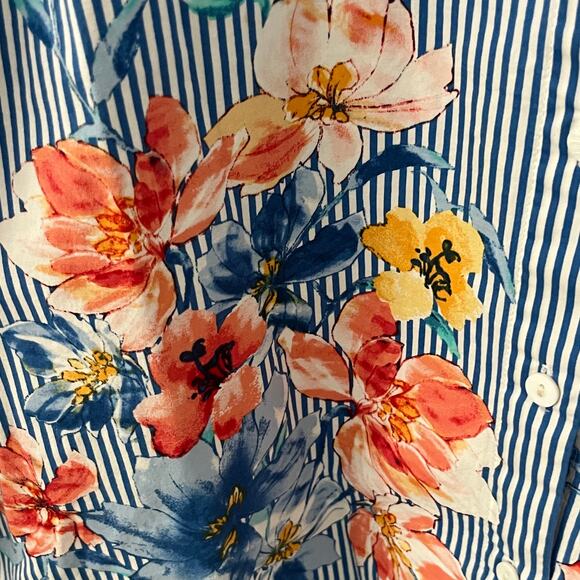 Alfred Dunner Blue White Stripe Floral 3/4 Cuff Sleeve Blouse ~ Women's 14P - Picture 4 of 4